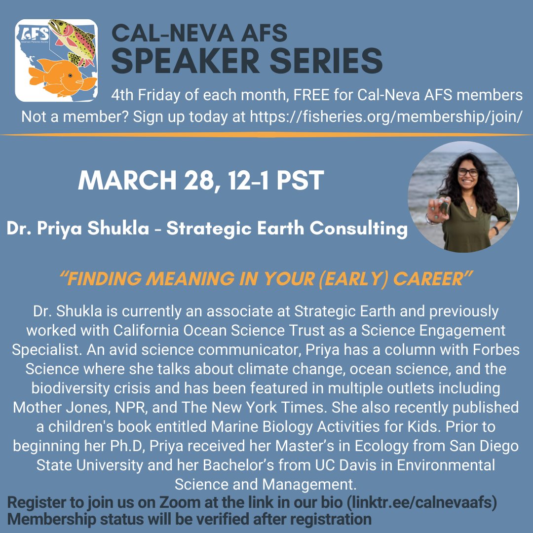 March webinar speaker alert! You might remember Dr. Priya for her amazing plenary in Long Beach ~2 years ago. She's back to give another great talk! Link in bio to sign up!

#afs #calneva #calnevaAFS #fisheries #fisheriesmanagement
