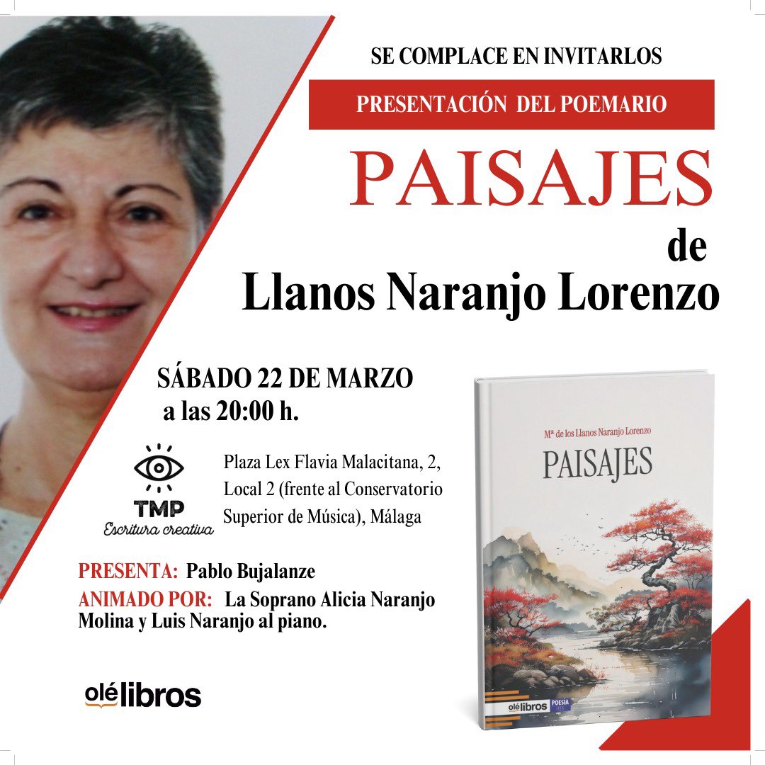 Pablo Bujalance (@pbujalance) on Twitter photo Llanos Naranjo ha sido para mí uno de los hallazgos más felices del Taller de Mundos Posibles (<a href="/TallerMundos/">Taller de Mundos Posibles</a>). Este sábado presentaremos su primer libro de poemas, ‘Paisajes’ (<a href="/Olelibros/">Olelibros.com</a>). Y estáis más que invitados. Habrá poesía, música y amistad. Os esperamos. Llanos Naranjo ha sido para mí uno de los hallazgos más felices del Taller de Mundos Posibles (<a href="/TallerMundos/">Taller de Mundos Posibles</a>). Este sábado presentaremos su primer libro de poemas, ‘Paisajes’ (<a href="/Olelibros/">Olelibros.com</a>). Y estáis más que invitados. Habrá poesía, música y amistad. Os esperamos.