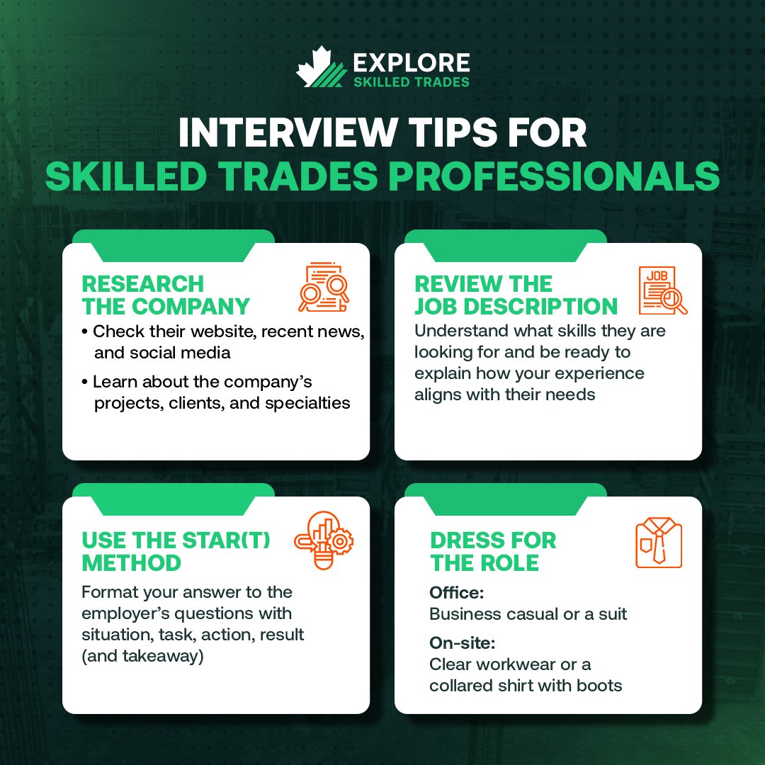 Looking to land a job in the skilled trades? Here are key interview tips to help you stand out and make a great impression! 🏗️

Stay prepared and ace your interview! 💼💪

#ExploreSkilledTrades