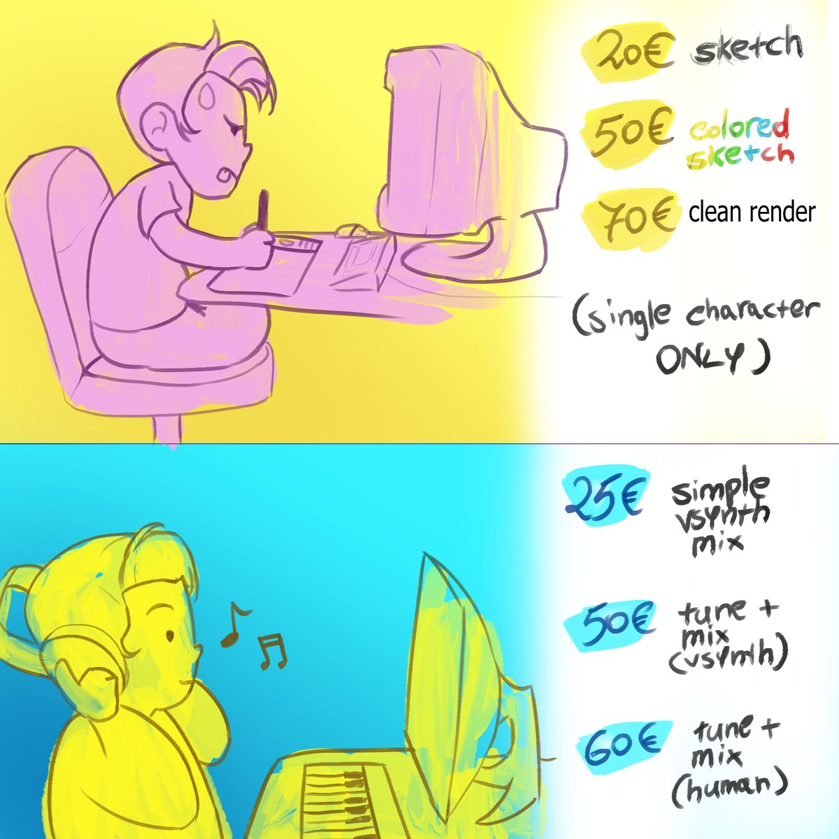 gnloop's tweet image. C0mm1ss10nz!!
These are just some indicative rates, please do ask in DMs if you have a specific request and/or would like to c0mm1ss10n but you&apos;re on a budget :)

(please note I may upcharge for complex requests)