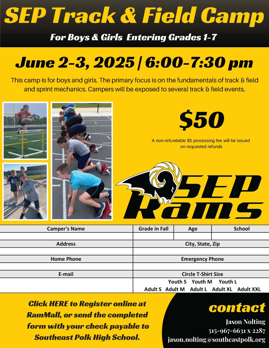 Sign up for a #1SEP youth summer camp now!  
Summer Camps for all ages are live in RamMall! Meet new friends, try a new sport, refine your athletic skills, have fun while learning teamwork &amp; sportsmanship, or train for next fall’s teams. Camps fill up quickly – register today!