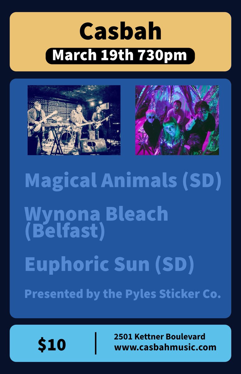 Tim Pyles (@thelocalpyle) on Twitter photo Tomorrow at <a href="/casbahsandiego/">Casbah (San Diego)</a> it's Magical Animals and all the way from Belfast, <a href="/wynonableach/">Wynona Bleach</a> plus Euphoric Sun for only ten bucks!
Presented by the Pyles Sticker Company Tomorrow at <a href="/casbahsandiego/">Casbah (San Diego)</a> it's Magical Animals and all the way from Belfast, <a href="/wynonableach/">Wynona Bleach</a> plus Euphoric Sun for only ten bucks!
Presented by the Pyles Sticker Company