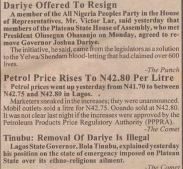When President Olusegun Obasanjo suspended Governor Joshua Dariye after imposing a state of emergency on Plateau State in May 2004, Governor Bola Tinubu of Lagos State declared it illegal.