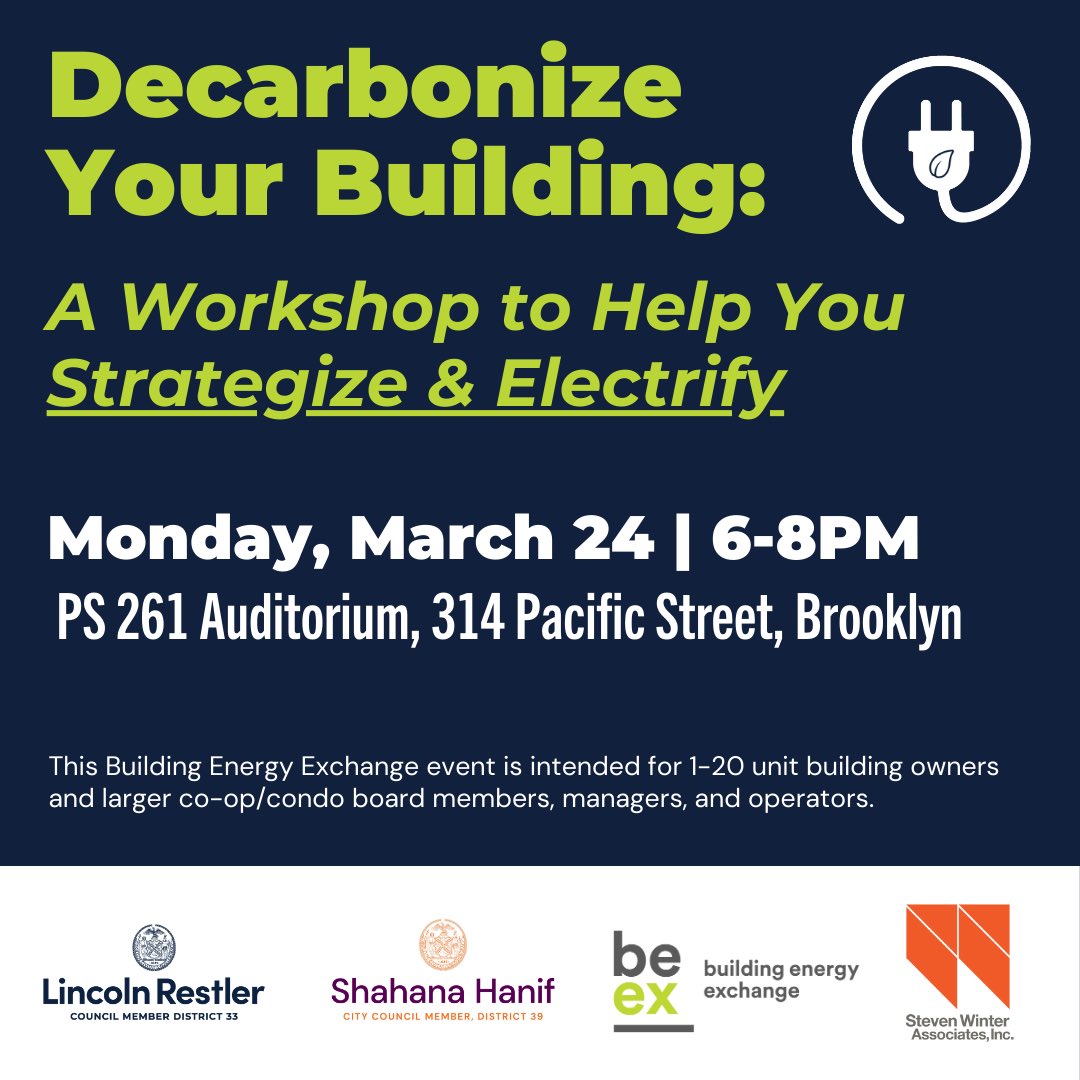 Join us next Monday at PS 261 to learn ways to boost your building’s energy efficiency! 

Hear from experts about high-performance tech, financial incentives &amp; best practices for building decarbonization.

<a href="/BEExNY/">BE-Ex</a> <a href="/CMShahanaHanif/">Council Member Shahana Hanif</a> 

RSVP: bit.ly/buildingdecarb…