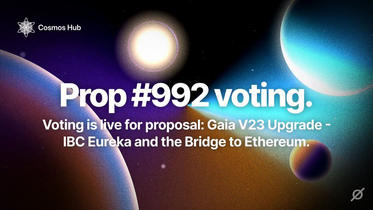 1/ Gaia v23: IBC Eureka &amp; the Bridge to Ethereum.

This proposal by Interchain Labs requests permission to deploy software upgrade Gaia v23 to the Hub — including an upgrade to IBC v2, in preparation for the release of IBC Eureka.

The voting period is now open!