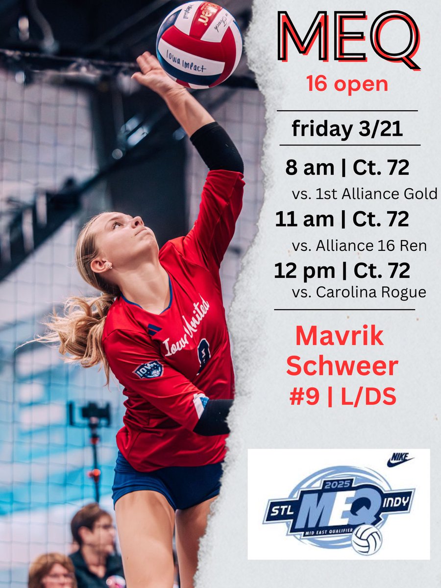 Mavrik Schweer (@mavrikschweer27) on Twitter photo Another weekend, Another tournament! This time at <a href="/NikeMEQ/">Mid-East Qualifier</a> with my <a href="/IowaUnitedVB/">Iowa United Volleyball</a> 161 Elite team. Here’s the schedule for Friday!! Another weekend, Another tournament! This time at <a href="/NikeMEQ/">Mid-East Qualifier</a> with my <a href="/IowaUnitedVB/">Iowa United Volleyball</a> 161 Elite team. Here’s the schedule for Friday!!