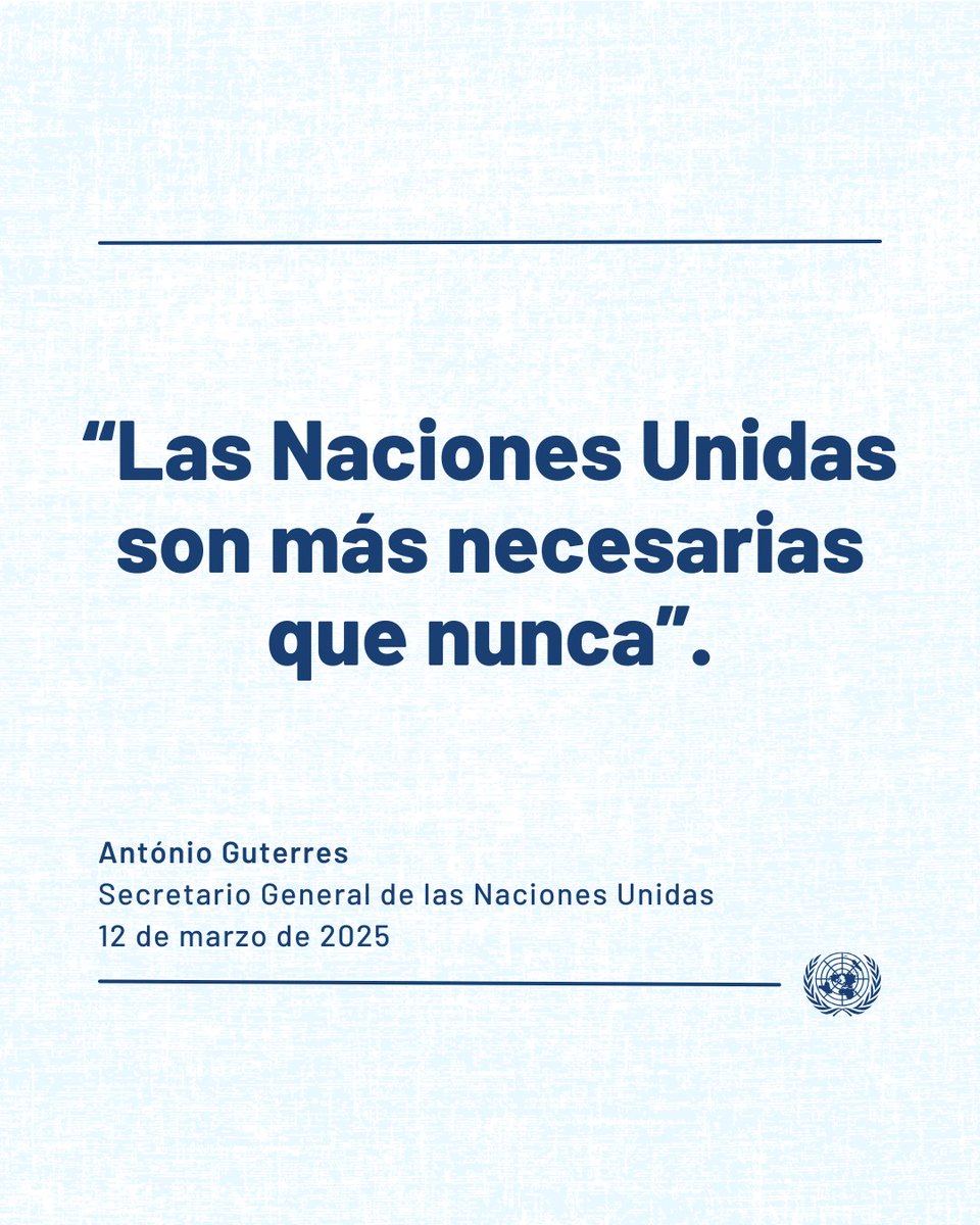 Vivimos tiempos de incertidumbre e inseguridad. Pero ciertas verdades nunca han sido tan claras:

✔️ Las Naciones Unidas son más necesarias que nunca.
✔️ Nuestros valores, más relevantes que nunca.
✔️ Y las necesidades, más grandes que nunca.
– <a href="/antonioguterres/">António Guterres</a> presenta la