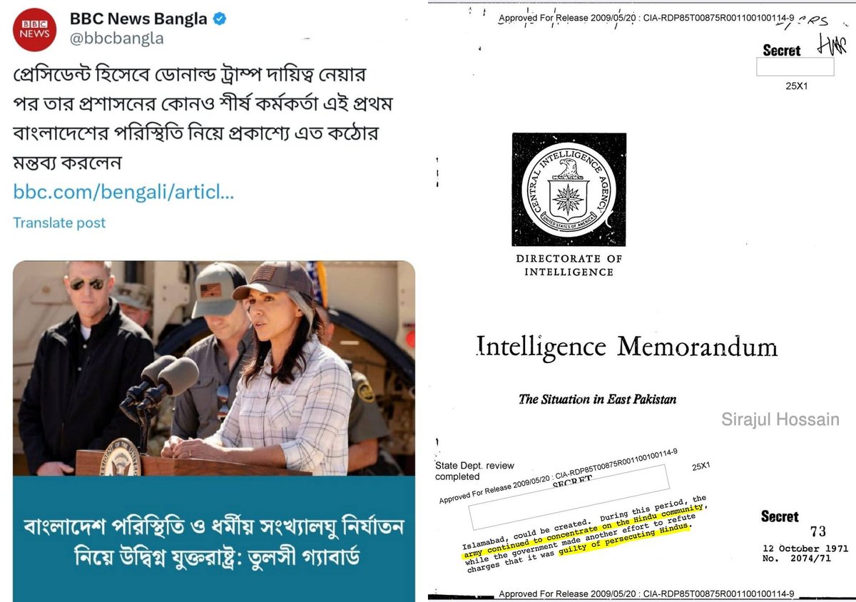 FreedomIs1971's tweet image. Tulsi Gabbard spoke based on a 55-year-old blueprint, not just 2024 events. The 1971 Pakistani operation was a persecution campaign against Hindus and Awami League supporters, exactly the term she used. She doesn’t just read declassified files but top-classified ones too