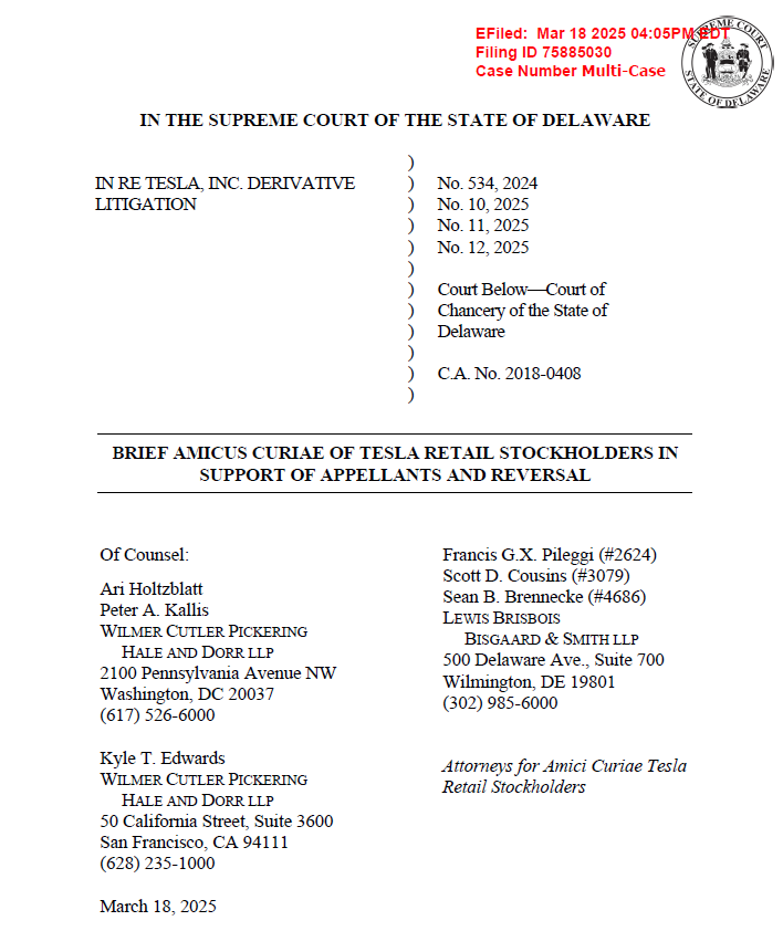 Ale𝕏andra Merz 🇺🇲 (@teslaboomermama) on Twitter photo ⚖️
Tornetta
Today, Tesla Retail Shareholders filed an Amicus Brief with the Delaware Supreme Court to support Tesla in the reversal of the Chancery Court.
It was my great honor to join four beloved community members <a href="/TeslaLarry/">Larry Goldberg</a>, <a href="/herbertong/">Herbert Ong</a>, <a href="/farzyness/">Farzad</a> and <a href="/teslaownersSV/">Tesla Owners Silicon Valley</a> to ⚖️
Tornetta
Today, Tesla Retail Shareholders filed an Amicus Brief with the Delaware Supreme Court to support Tesla in the reversal of the Chancery Court.
It was my great honor to join four beloved community members <a href="/TeslaLarry/">Larry Goldberg</a>, <a href="/herbertong/">Herbert Ong</a>, <a href="/farzyness/">Farzad</a> and <a href="/teslaownersSV/">Tesla Owners Silicon Valley</a> to