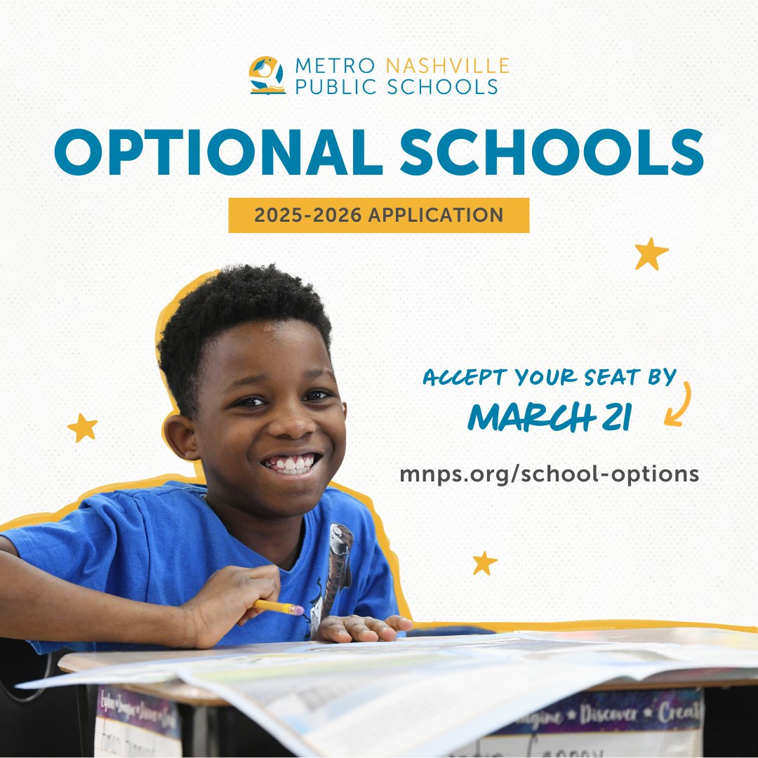 ⏰ Families with students entering Kindergarten to Grade 10: This Friday, March 21 is the deadline to accept your optional schools seat. mnps.org/learn/register… #ExperienceMNPS