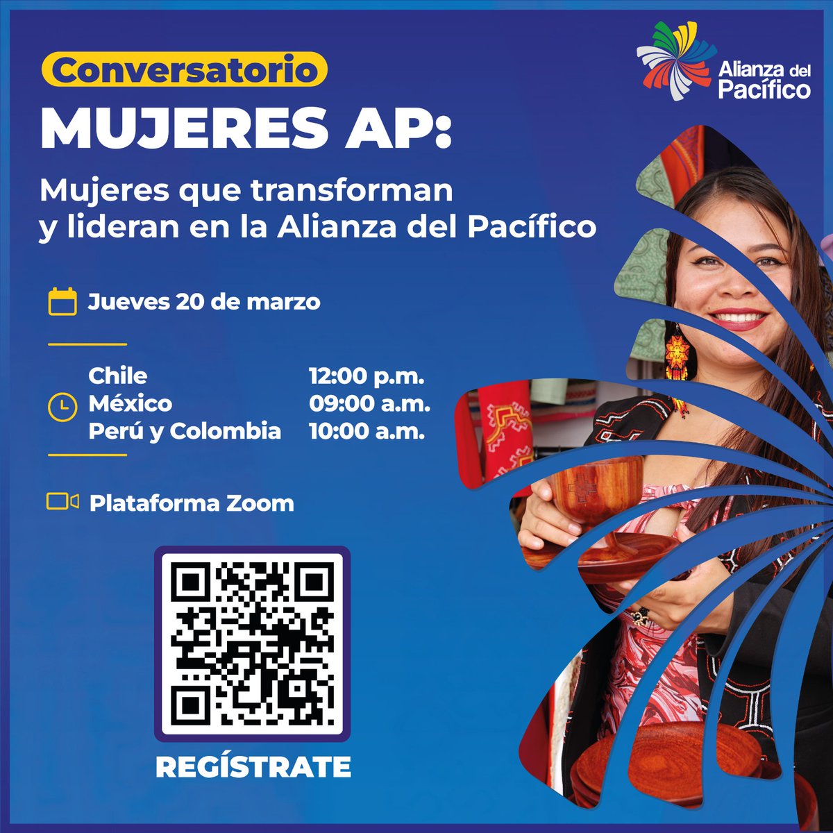 A_delPacifico's tweet photo. 🙋🏽 Este jueves 20 de marzo te invitamos a participar del conversatorio: “Mujeres AP: Mujeres que transforman y lideran en la #AlianzaDelPacífico”, en conmemoración del #DíaInternacionalDeLaMujer.

Participa en este espacio donde destacadas mujeres líderes 👩🏻‍🦱👩🏽 de Chile, Colombia, México y Perú compartirán sus experiencias, desafíos y logros en los sectores empresarial y STEM.

¡Regístrate y sé parte del cambio!
👉 https://t.co/8X22tFIpRQ

🔗 Plataforma: Zoom
⏰ Chile: 12:00 p.m. (UTC-3)
⏰ Perú y Colombia: 10:00 a.m. (UTC-5)
⏰ México: 9:00 a.m. (UTC-6)

#MujeresAlianzaPacífico #LiderazgoFemenino