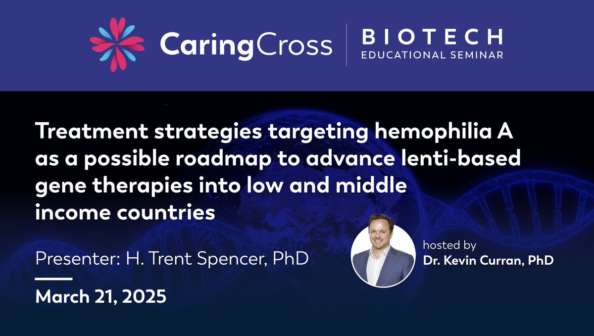 Biotech Educational Seminar:
Treatment strategies targeting hemophilia A as a possible roadmap to advance lenti-based gene therapies into low and middle income countries.

March 21, 2025 | 3:00 PM EST
Register now: caringcross.org/events

#GeneTherapy #Hemophilia #India #health