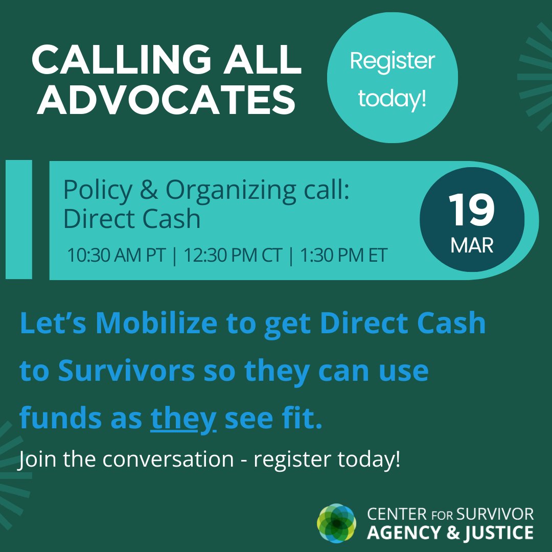 94-99% of survivors experience economic abuse. Let’s advocate for direct cash assistance
We need your voice - be part of the conversation!
March 19 @ 1:30 PM ET us02web.zoom.us/.../reg.../BYx…... #DirectCashForSurvivors #PolicyChange #DV #GBV #SurvivorEquity