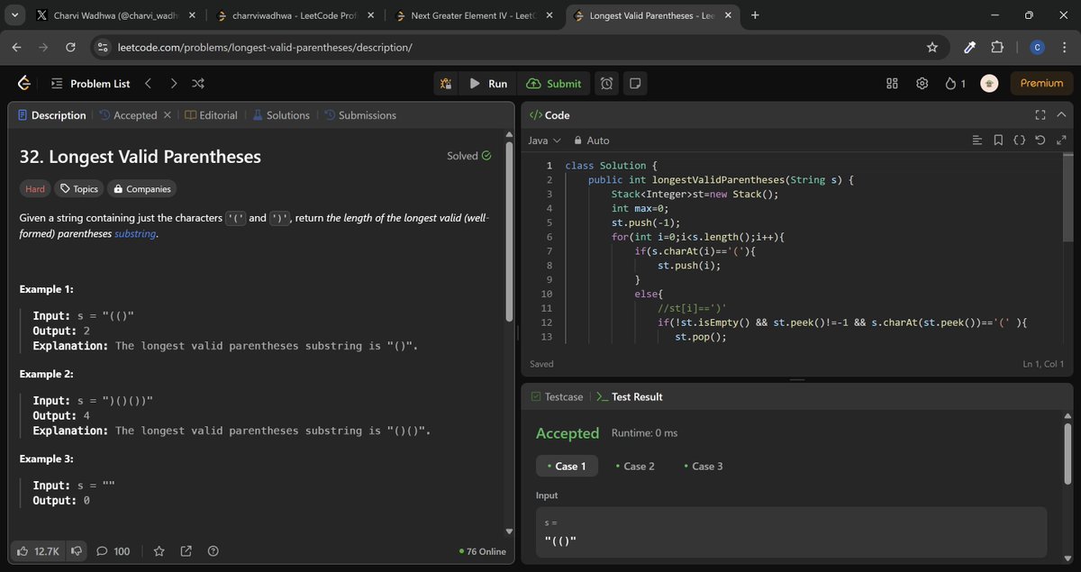 charvi_wadhwa's tweet image. Day 77/365 
Solved: 
-Next Greater Element IV 
-Longest Valid Parentheses 
#365DaysOfCode #leetcode