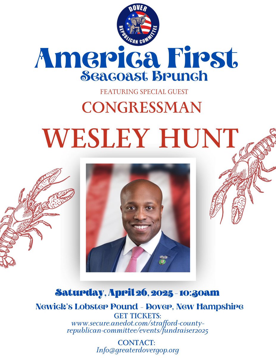 GreaterDoverGOP's tweet photo. Join us for our America First Seacoast Brunch featuring @WesleyHuntTX at @NewicksDover on April 26! Rep. Hunt has been a fearless voice for @POTUS and we are so excited to welcome him to NH! #nhpolitics #MAGA 

➡️ Get tickets now: https://t.co/tcq5i0vYLP

@NHGOP @StraffordNHGOP https://t.co/qgOdHvm2dk