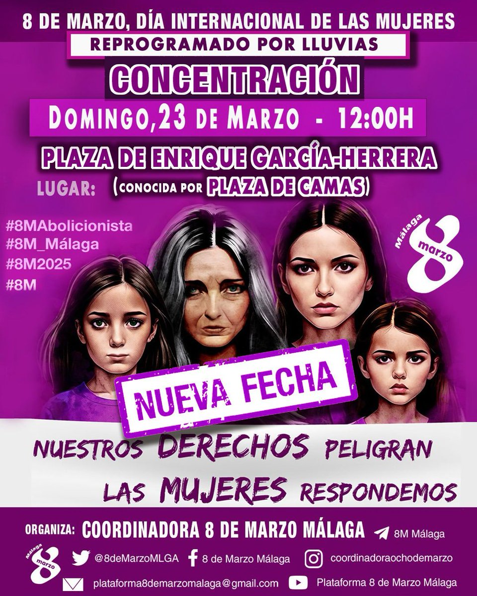“Nuestros derechos peligran. Las mujeres respondemos”
CONCENTRACIÓN y lectura de MANIFIESTO
DOMINGO 23 DE MARZO - 12:00 HORAS
📍 Plaza Enrique García-Herrera (conocida por Plaza de Camas).
Mismo lema, mismas exigencias, misma urgencia.
#8MAbolicionista #8M_Málaga #8M2025 #8M