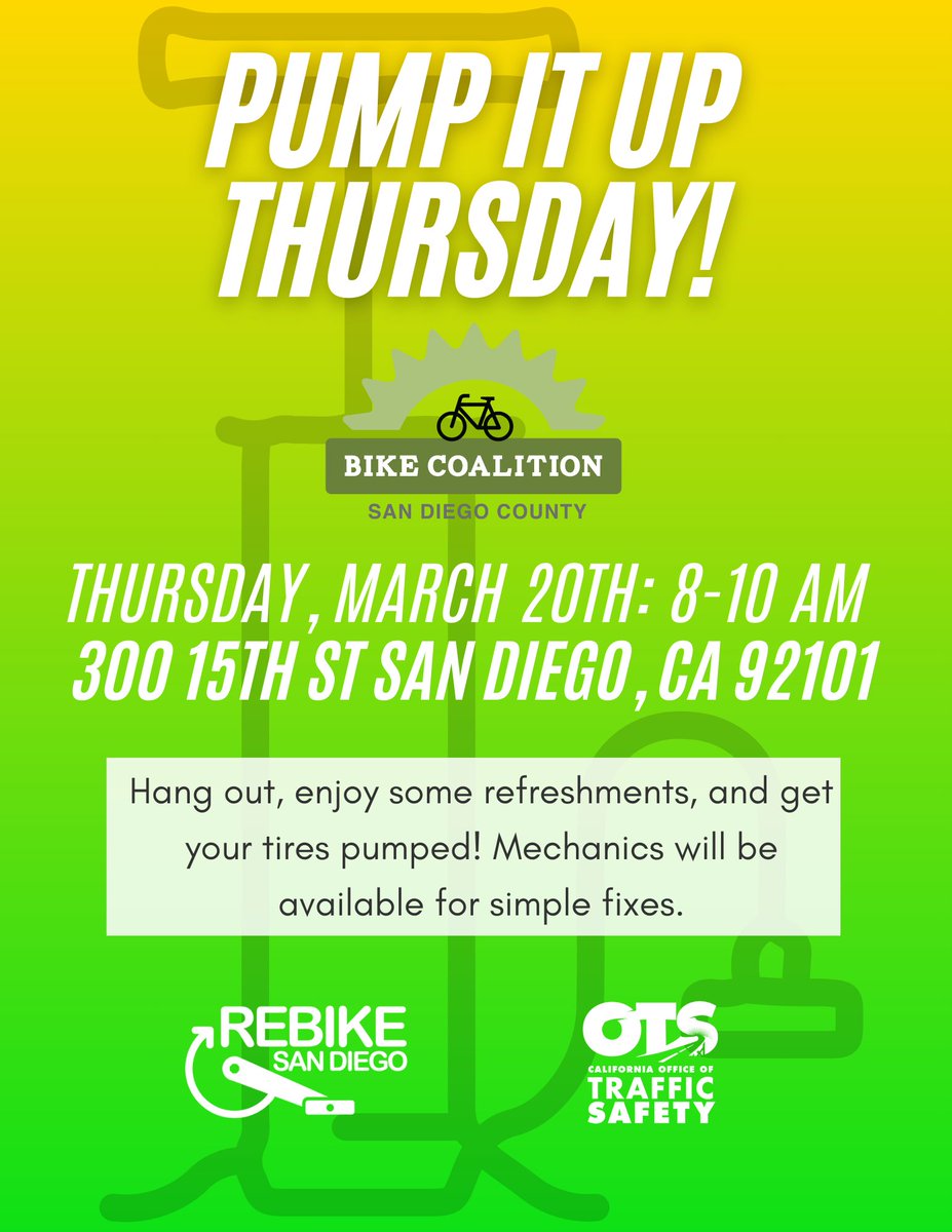 San Diego County Bike Coalition (@sdbikecoalition) on Twitter photo π΄ββοΈ Pump It Up Thursday is back on this week! Come by on March 20 from 8-10 AM! Stop by for refreshments & free tire fills! <a href="/OTS_CA/">CA Office of Traffic Safety</a> #BikeSanDiego #PumpItUpThursday #RideSafe π¦ π΄ββοΈ Pump It Up Thursday is back on this week! Come by on March 20 from 8-10 AM! Stop by for refreshments & free tire fills! <a href="/OTS_CA/">CA Office of Traffic Safety</a> #BikeSanDiego #PumpItUpThursday #RideSafe π¦