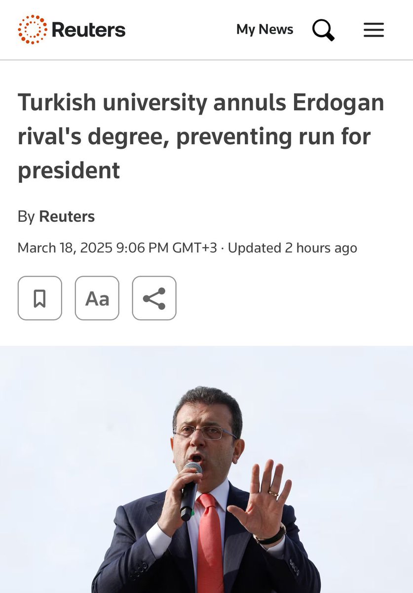 Dünyanın en çok okunan haber ajanslarından olan Reuters:

"Türk üniversitesi, Erdoğan'ın rakibinin diplomasını iptal ederek Cumhurbaşkanlığı adaylığını engelledi."