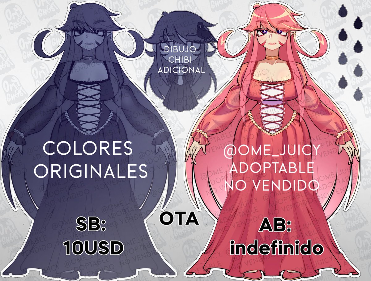 ✨ ADOPTABLE - OTA ✨

💰 SB: $10 USD | AB: Indefinite
🎁 Includes original palette + additional chibi

📜 Rules:

Personal or commercial use (ask).

Do not resell at higher price without extra art.

Give credit to the artist (me).

No NFT / IA.

Payment BBVA/PayPal in 24h.