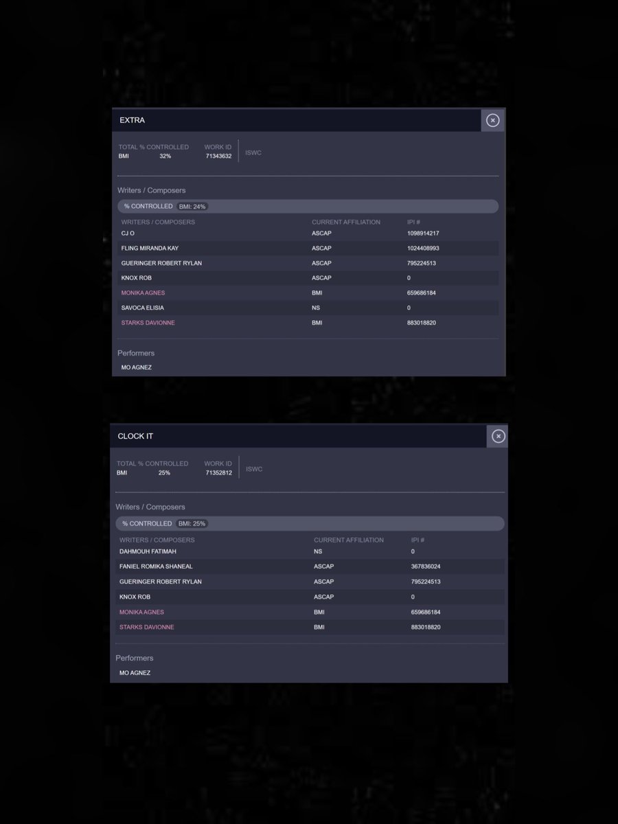 lathofy's tweet image. two new songs titled ‘EXTRA’ (alt. EXTRA AAH) &amp;amp; ‘CLOCK IT’ have been registered on BMI with AGNEZ MO credited as the performing artist.

#AGNEZMO @agnezmo