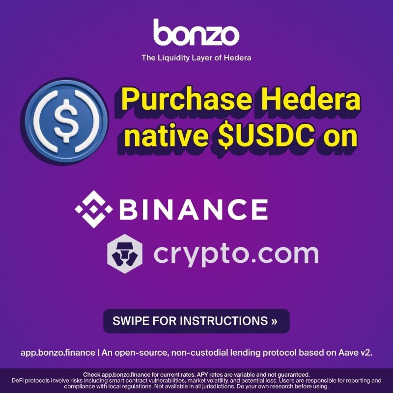 bonzo_finance's tweet photo. Earn up to 43% APY for supplying Hedera native $USDC to Bonzo Finance — The Liquidity Layer of @Hedera.

Bonzo Finance is an open source, non-custodial lending protocol based on Aave v2 built for Hedera. Supply assets. Earn points and yield. Borrow against collateral.