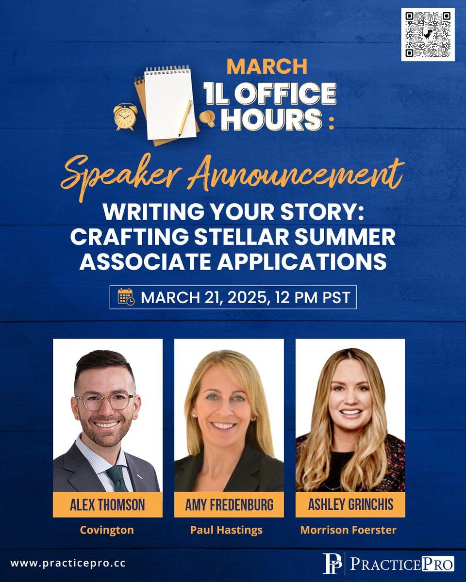 myPracticePro's tweet image. We’re excited to announce @CovingtonLLP @Paul_Hastings @MoFoLLP as our March 1L Office Hours featured speakers.
Join us this Friday, March 21 (12 PM PST) as we explore how to craft stellar #summerassociate applications!
Registration: bit.ly/1LOfficeHours
#lawstudent #lawfirm