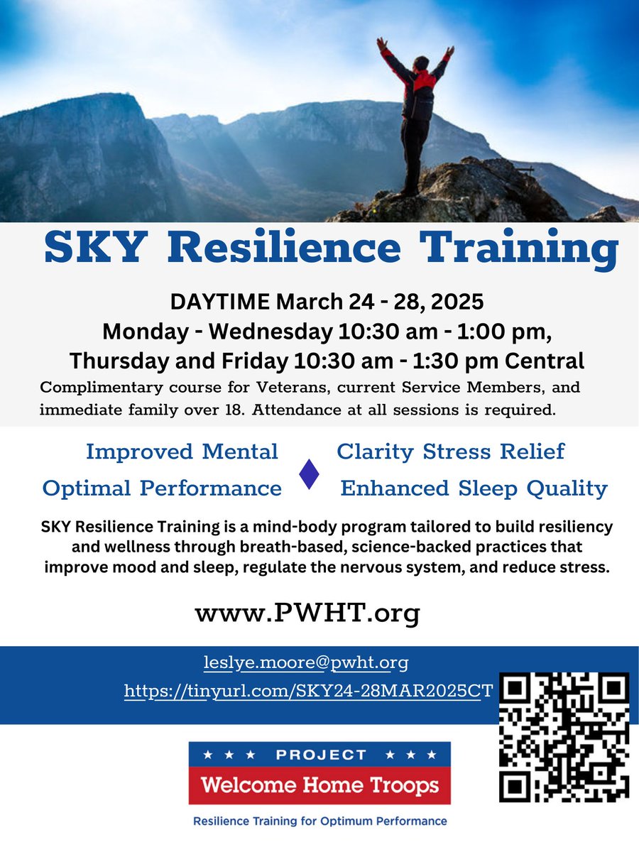 Spring forward with Clarity by registering for SKY Resilience Training! PWHT.org
#Veteran #Peace #Breathe #SKY #Resilience