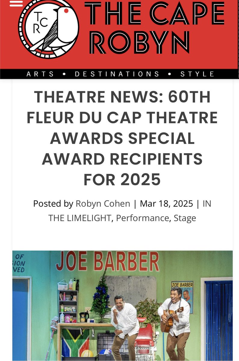 #fdctheatreawards is on March 23 – Cape Town Stadium. 

#60FDCTheatreAwards         

The special theatre awards announced 🔗 thecaperobyn.co.za/theatre-news-6…

but we must wait for Sunday for the other awards.  #redcarpet