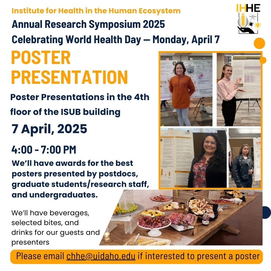 Institute for Health in the Human Ecosystem (@ui_ihhe) on Twitter photo University of Idaho <a href="/uidaho/">University of Idaho</a> <a href="/iids_uidaho/">Institute for Interdisciplinary Data Sciences</a>
You are invited to celebrate World Health Day - April 7. We will have prizes for the best posters. If you or your team members are interested in presenting a poster, please email us to chhe@uidaho.edu by March 24, 2025.<a href="/UofILibrary/">University of Idaho Library</a> University of Idaho <a href="/uidaho/">University of Idaho</a> <a href="/iids_uidaho/">Institute for Interdisciplinary Data Sciences</a>
You are invited to celebrate World Health Day - April 7. We will have prizes for the best posters. If you or your team members are interested in presenting a poster, please email us to chhe@uidaho.edu by March 24, 2025.<a href="/UofILibrary/">University of Idaho Library</a>