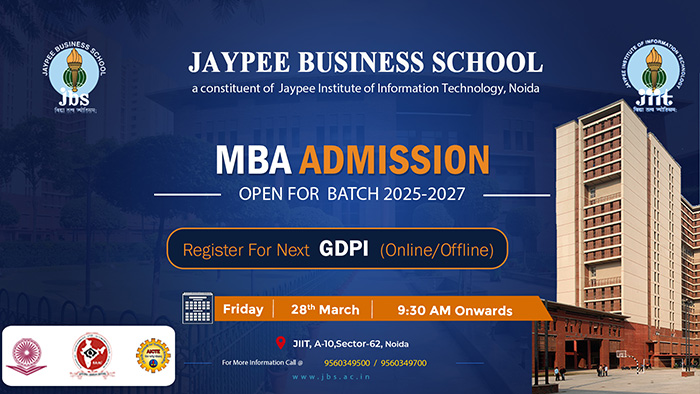 NoidaJBS's tweet photo. GD/PI on March 28, 2025 for admission to MBA Programmes at Jaypee Business School

GD/PI for admissions to MBA will be held In person or Online via Zoom/Google Meet on March 28, 2025.

visit the link for GD/PI Registrations: https://t.co/8IL8p81IAD

#mba #GDPI #JBS https://t.co/sdVsQ967QQ