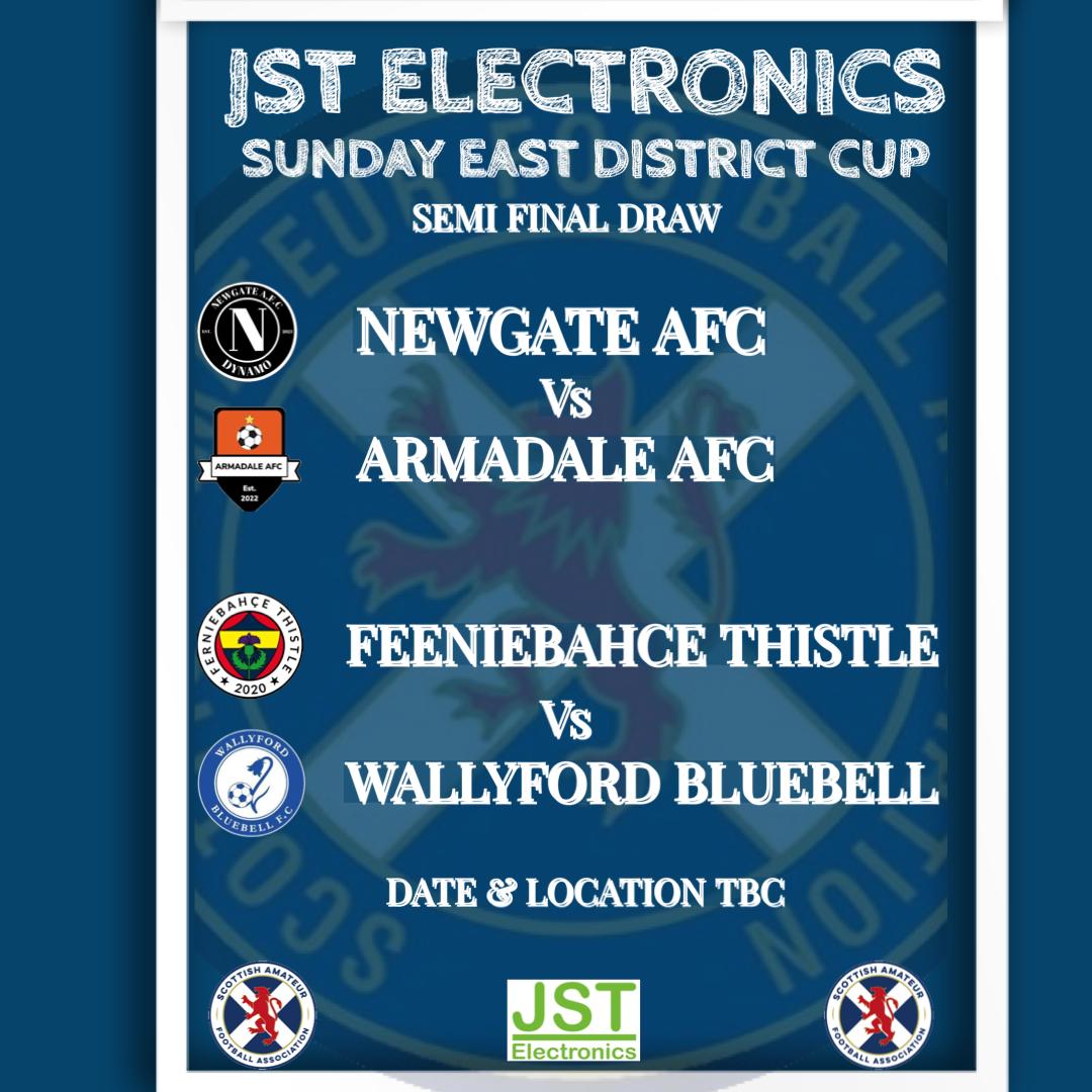 JST Electronics Sunday East District Cup Semi Final draw was held tonight 

Here are  the Semi Final Fixtures

Date &amp; Venue TBC

Good luck to all teams involved