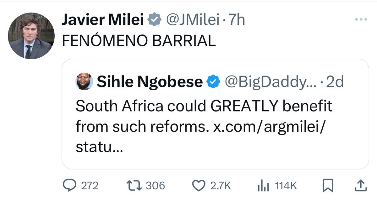 BigDaddyLiberty's tweet photo. Been off Twitter for a couple of days for work &amp; training.

I log on now &amp; was wondering why there are so many Spanish speaking people in my mentions🤔

Then I see it is because the President of Argentina🇦🇷 quote tweeted me😳

X is such a fascinating app. It connects everybody… https://t.co/JgqnsLkmun