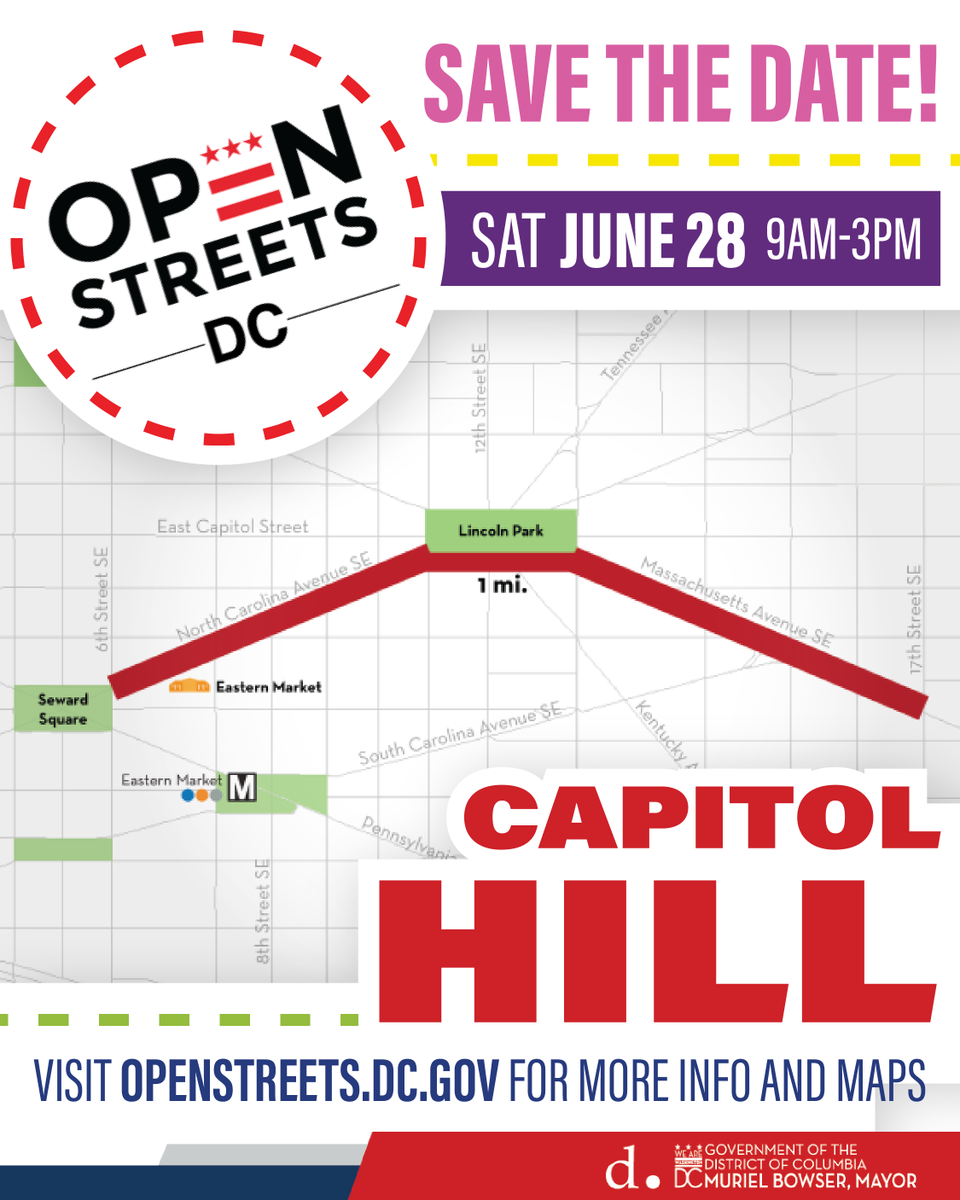 DDOTDC's tweet photo. The secret is out! Get ready to take it to Capitol Hill on June 28 for #OpenStreetsDC! Whether you🚶🚶♀️👨🏽🦽 🚲, or 🕺💃 your way down the street, we can't wait to see you! 🚫 cars, just people! Stay tuned for more info - this is a can't miss event!
🔗 https://t.co/32BBWTPI27 https://t.co/2uRqPIqnj9