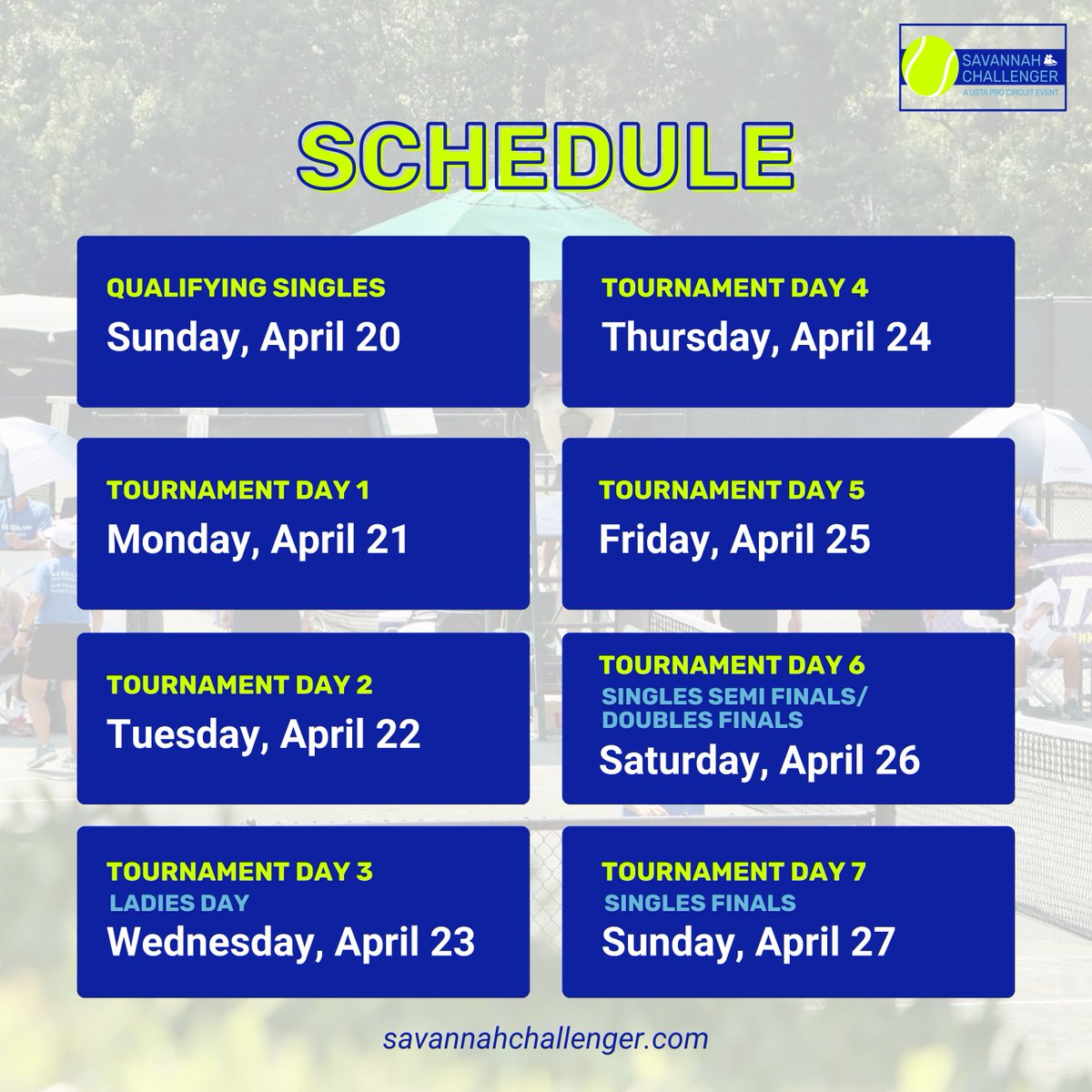The #SavChallenger 2025 tournament schedule is here! 🎾 Don’t miss a moment of the action—secure your tickets now for one day or all ➡️ savannahchallenger.com/tickets/