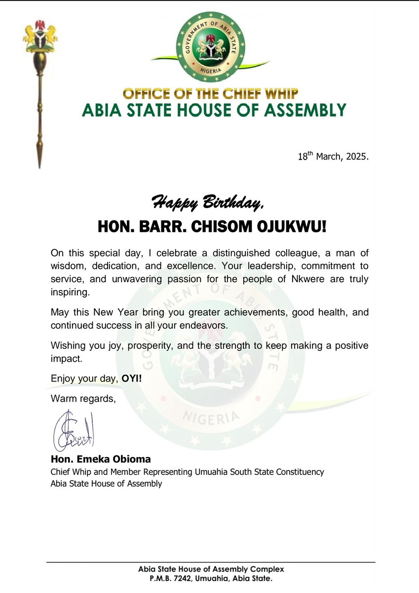 honchisomojukwu's tweet photo. Hon. Emeka Obioma, Chief Whip and member representing Umuahia South State Constituency, Abia State House of Assembly felicitates with Hon. Chisom Ojukwu, representing Nkwerre State Constituency on his birthday. 

#oyi 
#nkwerre https://t.co/9a4QtGZYcF