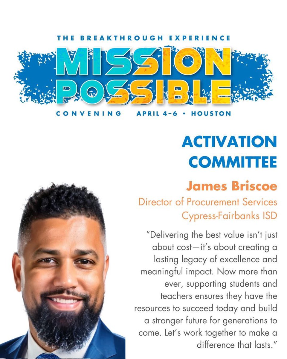 Excited to be part of the Activation Committee for Mission Possible: The Breakthrough Experience! Join me in Houston, April 4-6, 2025, as we come together to empower students, support educators, and create lasting impact.

Let’s build a future where access, opportunity, and