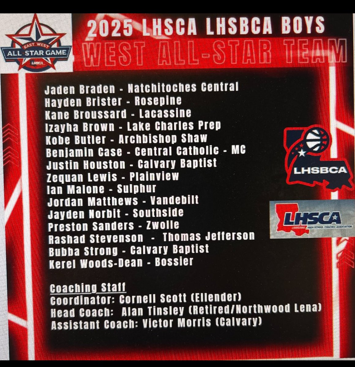 Honored to be selected for the 2025 LHSCA/LHSBCA Boys West All-Star Team. Grateful for the opportunity to lace up and compete alongside the best in the state. ! #AllStar #Blessed #StayReady