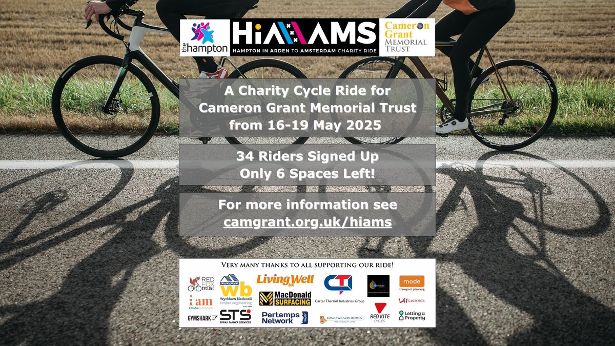 Only 6 places left! Please join our charity ride from Hampton-in-Arden to Amsterdam for #MentalHealthAwareness and #SuicidePrevention from 16-19 May.

For more information see camgrant.org.uk/hiams or message us here