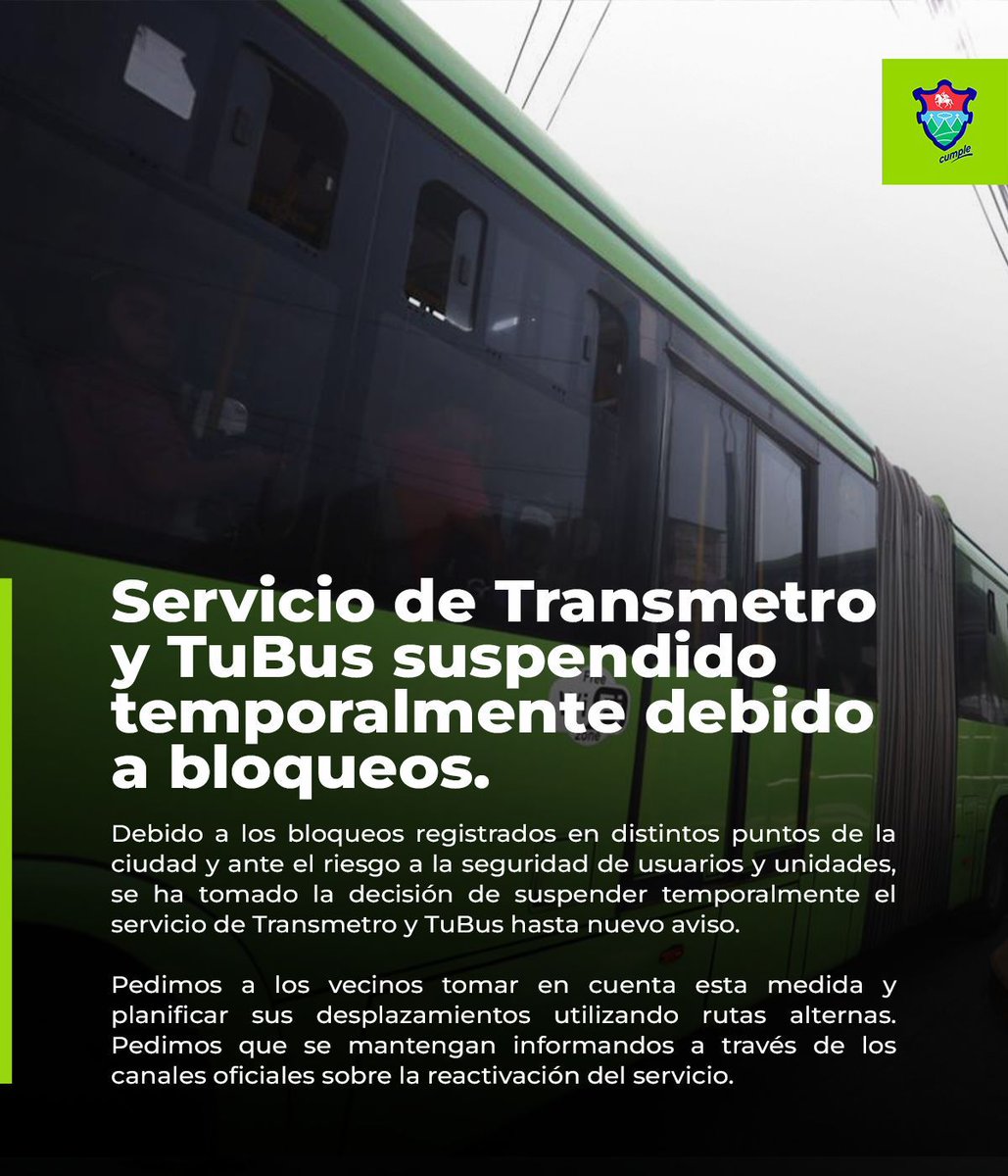 🚨⚠️ Atención usuarios:
Agradecemos su paciencia y comprensión. En cuanto las vías sean liberadas, retomaremos operación. Manténganse atentos a nuestros canales oficiales.
📱Whatsapp: bit.ly/WPTransmetro
➡️ Más información aquí: muniguatealfrente.com/manifestantes-…
#Bloqueos #TraficoGT