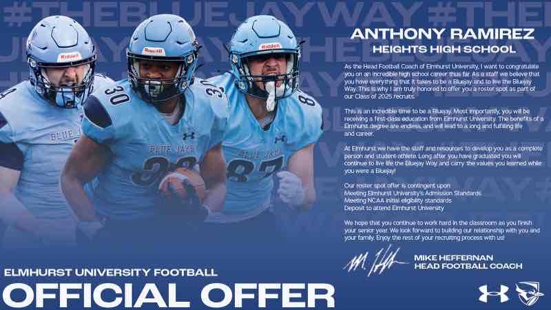 Anthony “A5ive” Ramirez (@officialant5) on Twitter photo #AGTG Blessed and Grateful to say after a great conversation with coach <a href="/Coach_Tahaney/">Jake Tahaney</a> i have received a offer to continue my football and academic career at Elmhurst University
<a href="/CoachCastille/">Coach Gary S. Castille</a> <a href="/CoachDixon_63/">Coach Stephen Dixon Sr., CAA</a> #AGTG Blessed and Grateful to say after a great conversation with coach <a href="/Coach_Tahaney/">Jake Tahaney</a> i have received a offer to continue my football and academic career at Elmhurst University
<a href="/CoachCastille/">Coach Gary S. Castille</a> <a href="/CoachDixon_63/">Coach Stephen Dixon Sr., CAA</a>
