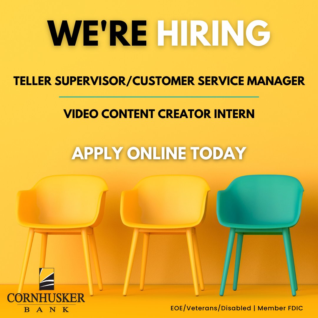 CornhuskerBank's tweet photo. Are you ready to take the next step in your career? Join us and be part of a great team! https://t.co/FAM1dOUThr https://t.co/1OIGiZP5Sf