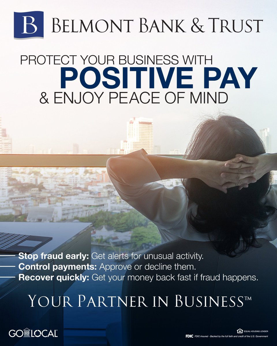 BelmontBank's tweet photo. Stay one step ahead of fraud with Positive Pay from Belmont Bank & Trust. Monitor transactions, control approvals, and feel secure every step of the way #positivepay #Chicago https://t.co/xO0sNCB80d
