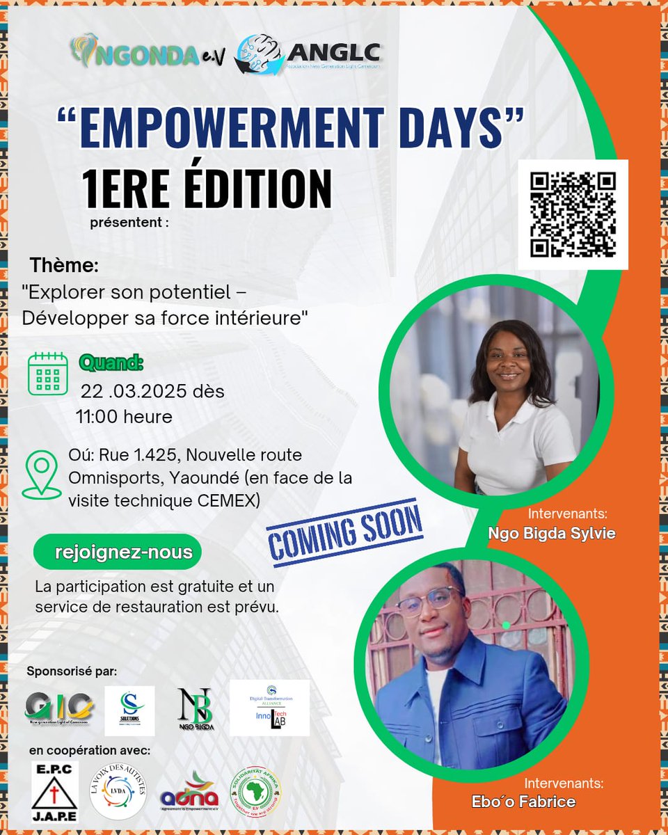 DTA_Alliance's tweet photo. The #empowermentdays event in Cameroon

❗️Are you ready for this❓😃

See you this Saturday so that together, we can continue to inspire, learn, and grow beyond the event!
#DigitalTransformation #EmpowermentDays #Leadership #Community #WomenInLeadership #Cameroon #ChangeMakers https://t.co/Y3dWKymPUE