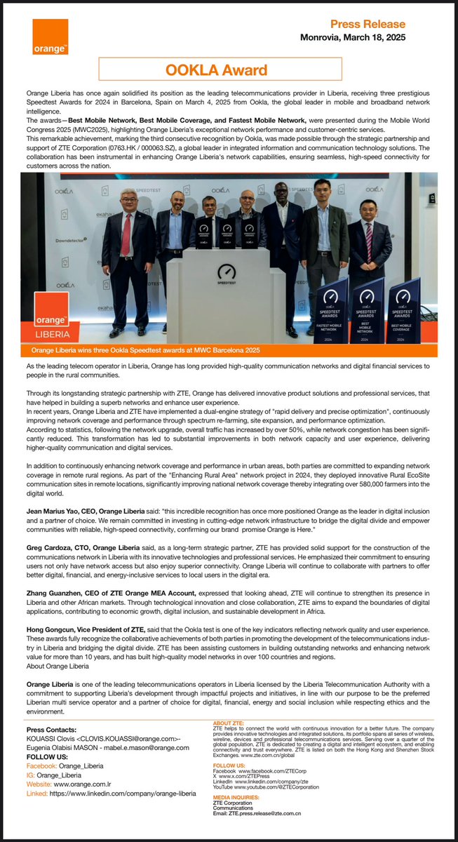 🏆 Orange Liberia wins 3 Ookla Speedtest Awards at MWC Barcelona 2025! 🎉
✅ Best Mobile Network
✅ Best Mobile Coverage
✅ Fastest Mobile Network

Leading Liberia’s digital future with top-tier connectivity! 🚀 

#OrangeIsHere #OoklaAwards