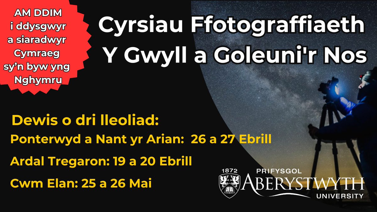 🌜Cyrsiau Ffotograffiaeth y Gwyll a Goleuni'r Nos AM DDIM🌛

Dewis o dri chwrs ffotograffiaeth, cyfrwng Cymraeg, o dynnu a golygu lluniau yng ngyfnod y gwyll a'r nos 💫

O dan arweiniad yr arbenigwr, Dafydd Wyn Morgan 📷

💻 aber.ac.uk/dysgu