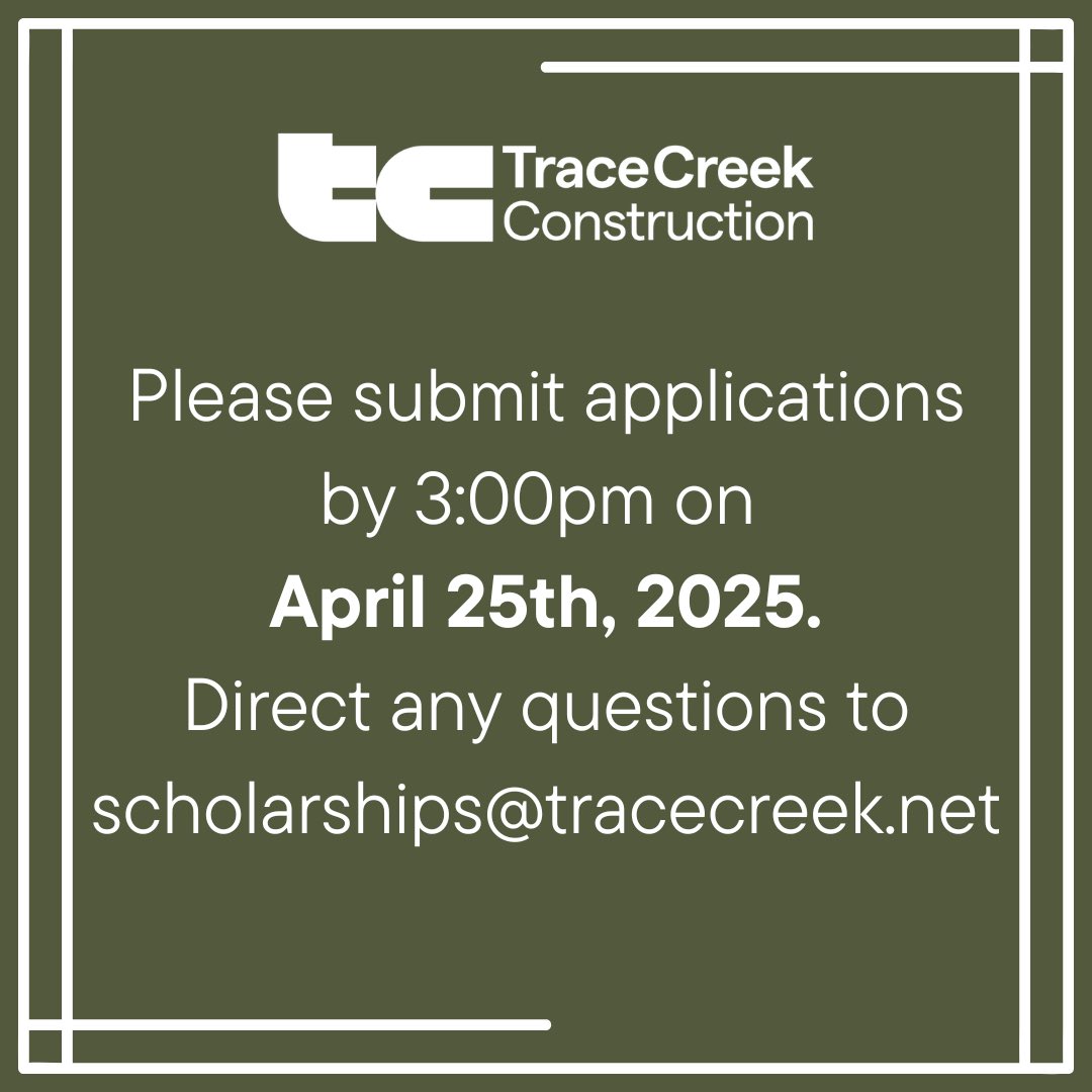 🎓💰 Attention high school seniors! 
Trace Creek Construction is awarding twenty $1,000 scholarships to support your journey to college or trade school. Check if your school is eligible and apply by April 25, 2025! 📅 For questions, email scholarships@tracecreek.net.