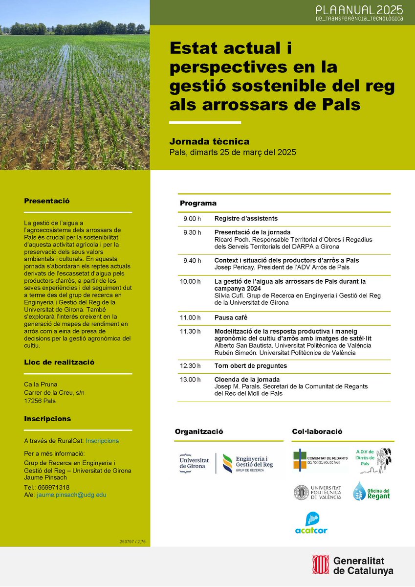 📡No us perdeu la propera jornada #PATT que farem a #Pals el proper dimarts 25 de març.

Parlarem dels arrossars, d'aigua, de satèl·lits i molt més!

👉Podeu inscriure-us gratuïtament a través de:
bit.ly/4hFFAqL