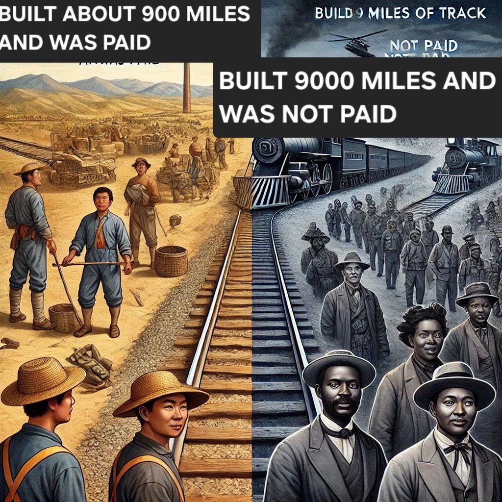 reptheancestor's tweet photo. Black Americans built the railroads for free 9000 miles

Asians came later and built about 900, expanded them west, and were paid. https://t.co/7Vt3kXvsYW