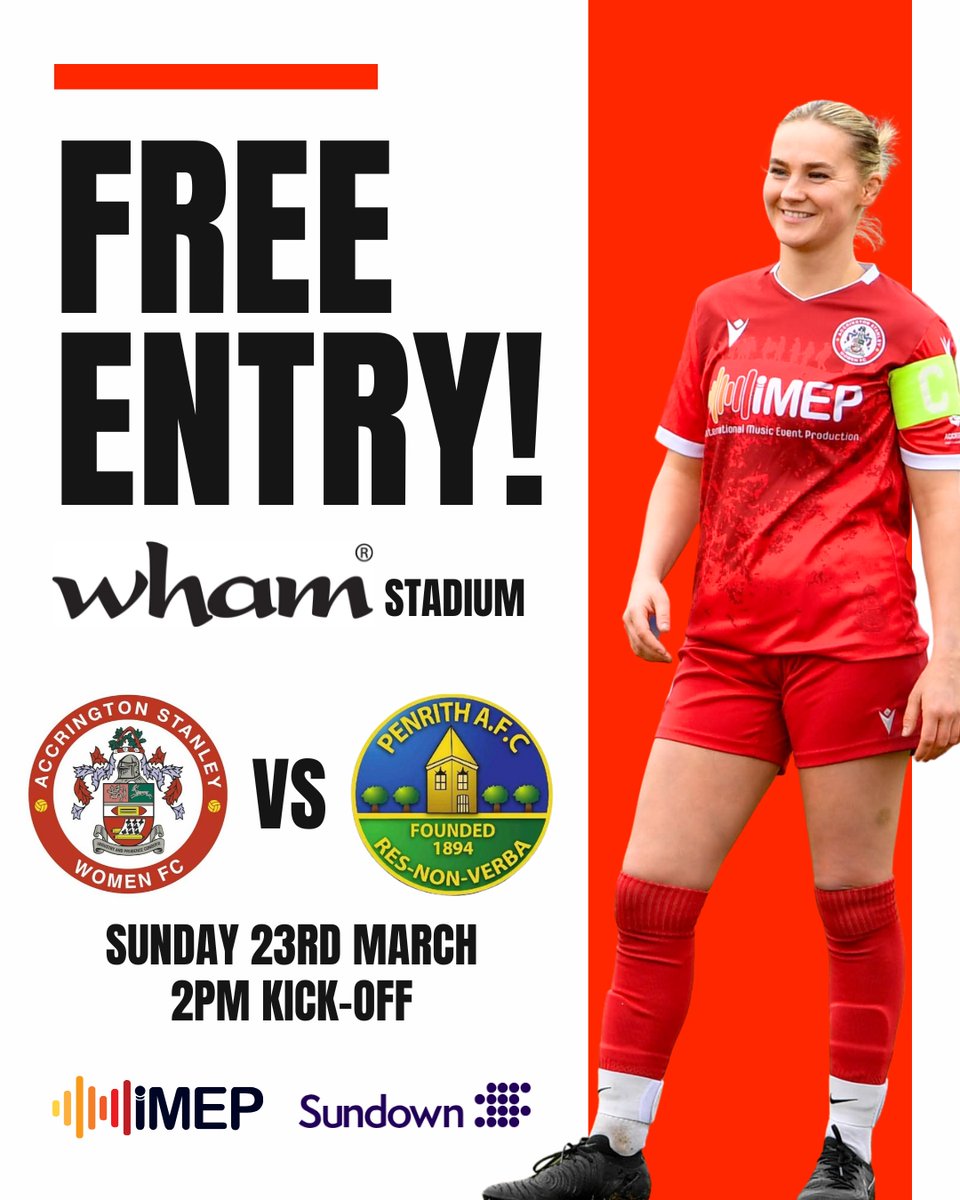 Accrington Stanley Women (@aswfcofficial) on Twitter photo We are delighted to announce that we will return to the Wham Stadium 𝘁𝗵𝗶𝘀 𝗦𝘂𝗻𝗱𝗮𝘆, as we take on <a href="/PAFCLadies/">PenrithAFCLadies</a>! ⚽️🏟️
💪 2pm kick off
🎟️ FREE entry via Coley's
🥧 Food and drink available
🤝 Thank you to @asfcofficial for their support
#ASWFC @imepUK <a href="/SundownSolLtd/">Sundown Solutions Ltd</a> We are delighted to announce that we will return to the Wham Stadium 𝘁𝗵𝗶𝘀 𝗦𝘂𝗻𝗱𝗮𝘆, as we take on <a href="/PAFCLadies/">PenrithAFCLadies</a>! ⚽️🏟️
💪 2pm kick off
🎟️ FREE entry via Coley's
🥧 Food and drink available
🤝 Thank you to @asfcofficial for their support
#ASWFC @imepUK <a href="/SundownSolLtd/">Sundown Solutions Ltd</a>
