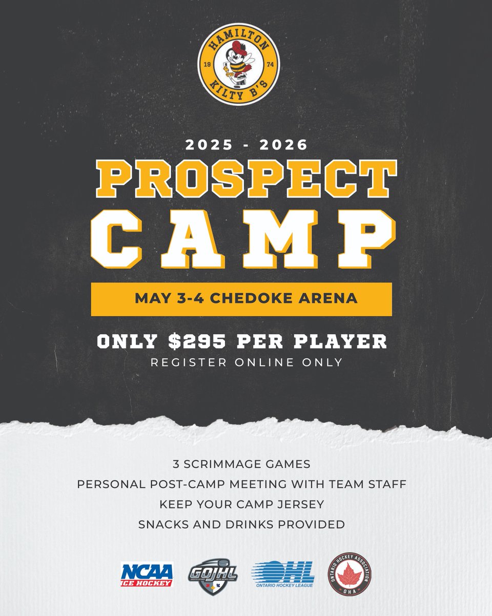 🐝Registration is now OPEN 

The #HamONT 2025-26 Kilty B's Prospect Camp is happening May 3rd-4th

3 Scrimmage games
Personal Post Camp Meeting with Team Staff
Camp Jersey

Register - kiltybs.gojhl.ca/2025-hamilton-…

#GOJHL #AAAHockey #hamiltonhockey #HamiltonHockey